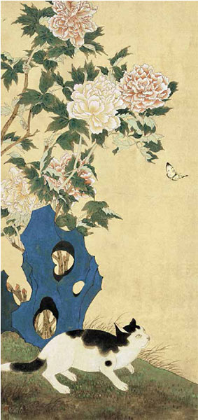 陈之佛作品《文猫饲蝶》 112cm×52cm 1952 年