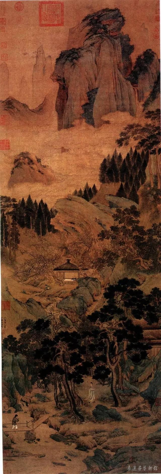 [明] 仇英 桃村草堂图 绢本设色 纵150厘米 横53厘米 北京故宫博物院藏