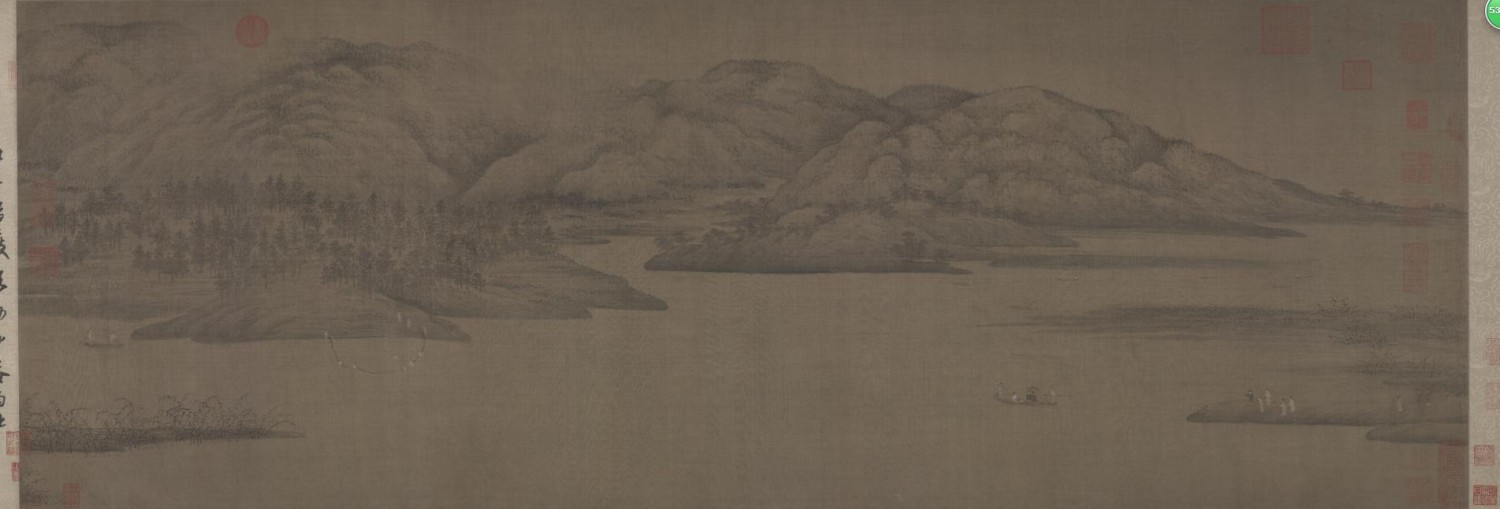 《潇湘图》,五代·南唐,董源,绢本设色,纵50厘米,横141.4厘米,现收藏于北京故宫博物院