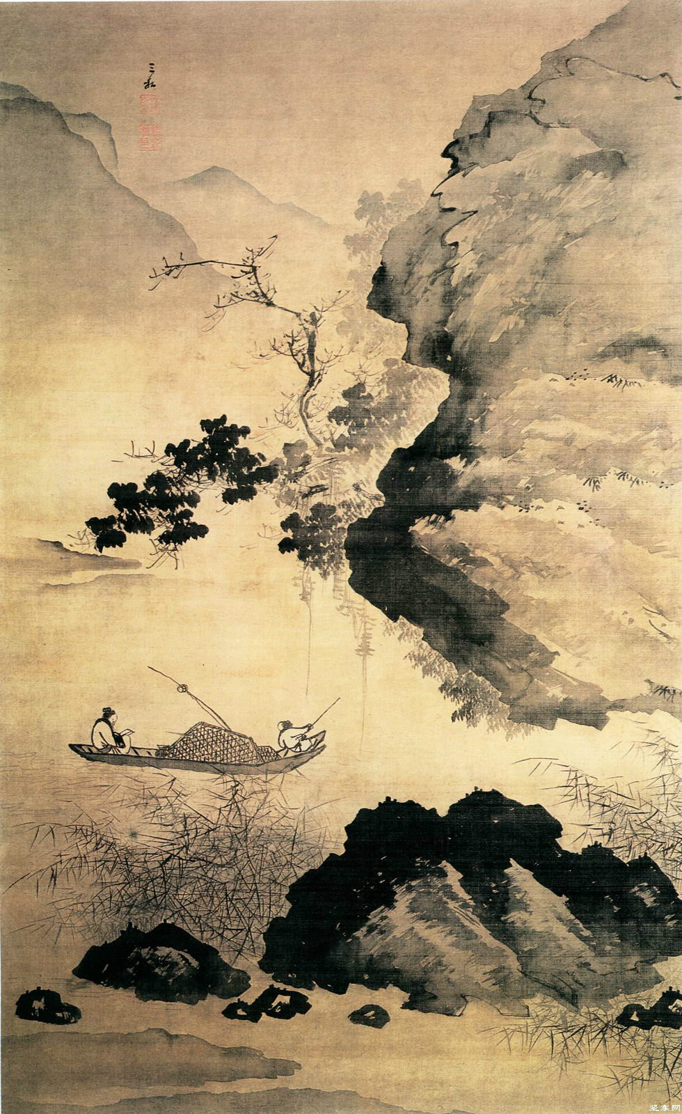 《渔舟读书图》轴，明，蒋嵩绘，绢本，设色，纵171cm，横107.5cm，故宫博物院藏