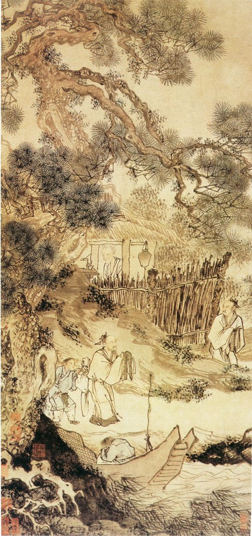 明 周臣《柴门送客图》 轴，纸本设色，纵121厘米，横57厘米。南京博物院藏。