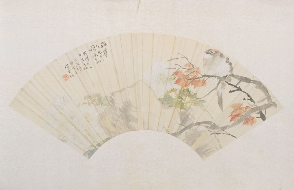 任颐《花鸟图》扇页 纸本设色 纵17.8cm 横50.8cm 北京故宫博物院藏