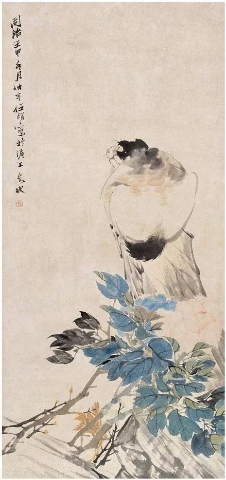 任伯年《牡丹猫石图》 立轴 纸本 设色 96cm×45cm 壬申 1872年 苏州博物馆藏